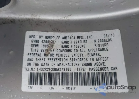 2013 Honda Accord Lx z USA, uszkodzony, nr VIN 1HGCR2F39DA279160